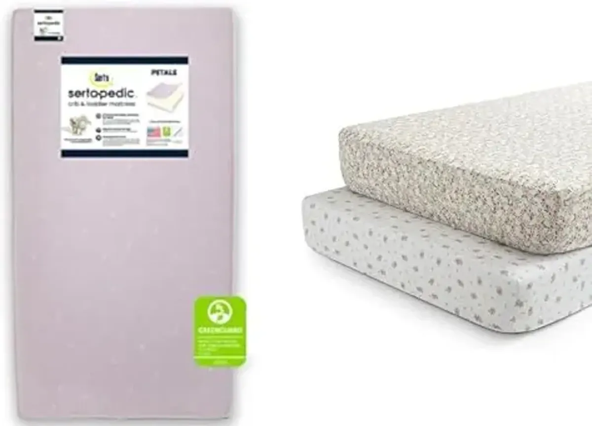 Serta Sertapedic Petals Fiber Core Crib and Toddler Mattress + Delta Children Fitted Crib Sheets for Girls and Boys (Pack of 2), Pink Floral (Bundle)