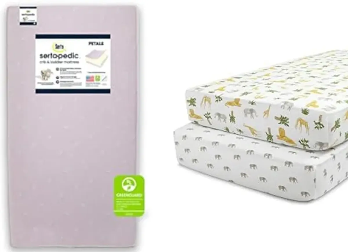 Serta Sertapedic Petals Fiber Core Crib and Toddler Mattress + Delta Children Fitted Crib Sheets for Girls and Boys (Pack of 2), Safari Friends (Bundle)