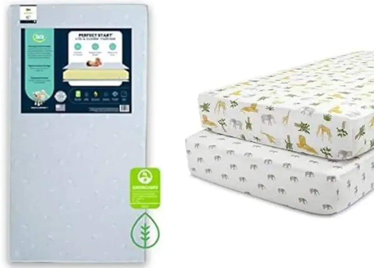 Delta Children Serta Perfect Start Fiber Core Crib and Toddler Mattress Fitted Crib Sheets for Girls and Boys (Pack of 2), Safari Friends (Bundle)