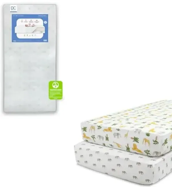 Delta Children Twinkle Galaxy Dual Sided Recycled Fiber Core Crib and Toddler Mattress Fitted Crib Sheets for Girls and Boys (Pack of 2), Safari Friends (Bundle)