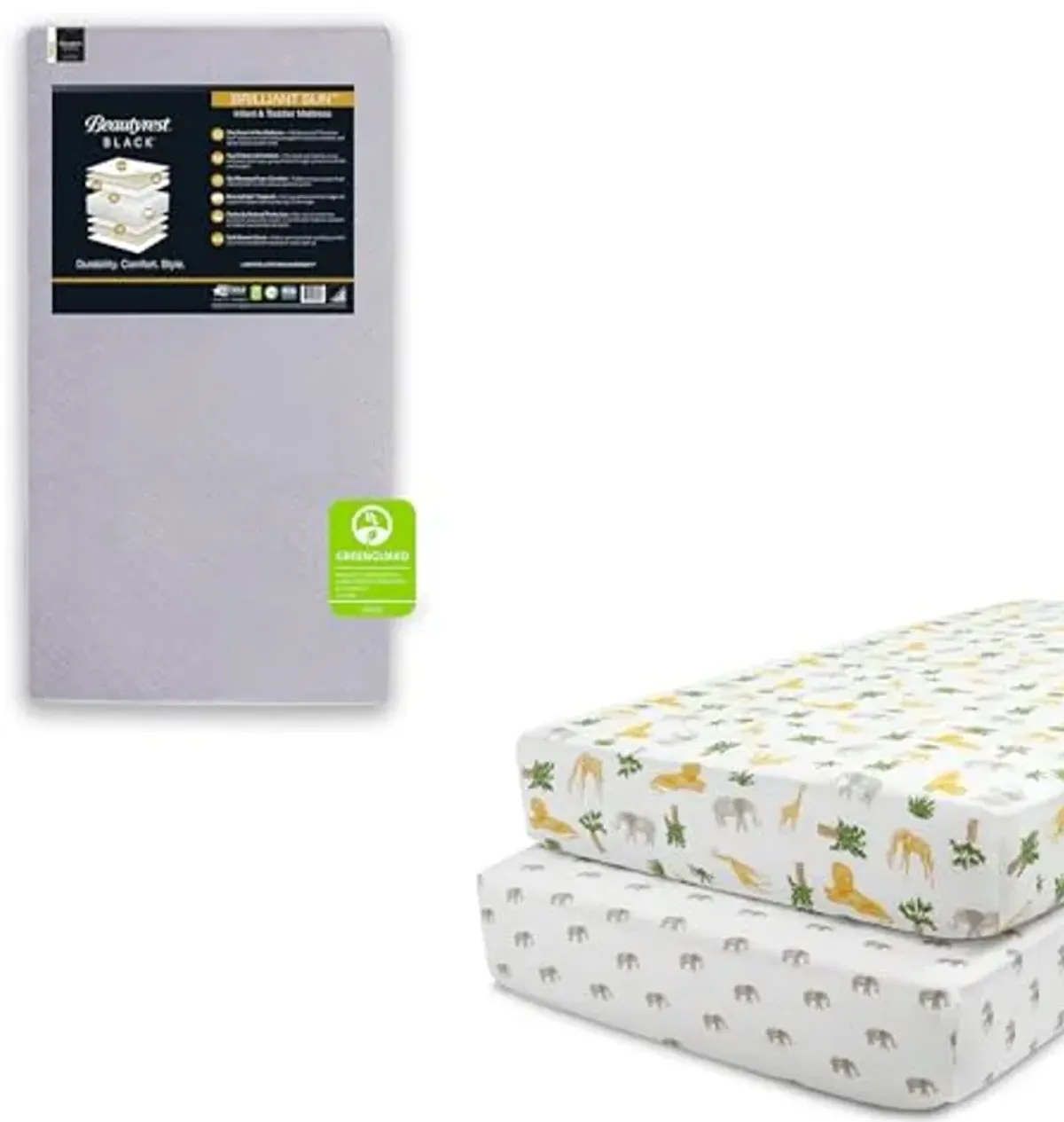 Beautyrest Beginnings Black Brilliant Sun Crib and Toddler Mattress + Delta Children Fitted Crib Sheets for Girls and Boys (Pack of 2), Safari Friends (Bundle)