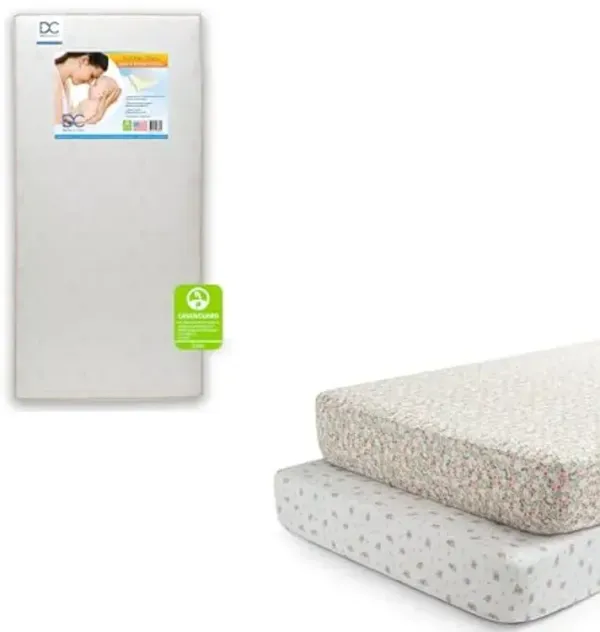 Delta Children Twinkle Stars Fiber Core Crib and Toddler Mattress Fitted Crib Sheets for Girls and Boys (Pack of 2), Pink Floral (Bundle)