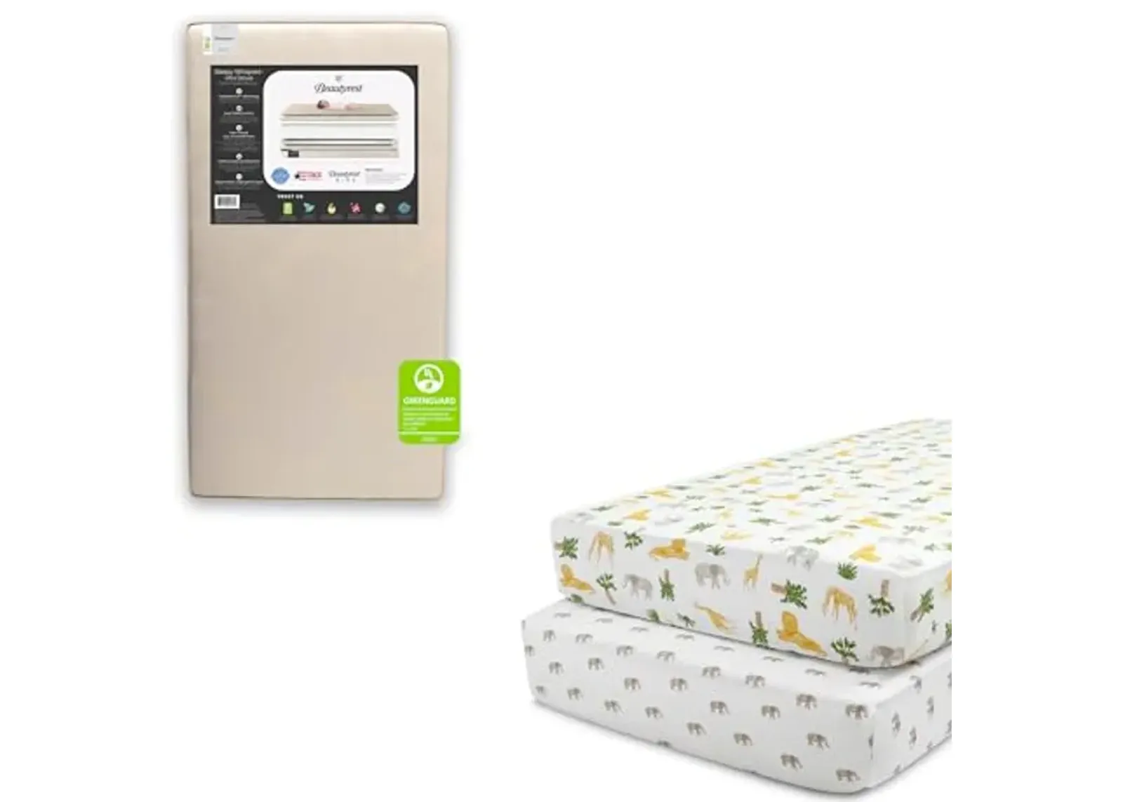 Delta Children Beautyrest Beginnings Sleepy Whispers Ultra Deluxe 2-in-1 Innerspring Crib and Toddler Mattress Fitted Crib Sheets for Girls and Boys (Pack of 2), Safari Friends (Bundle)