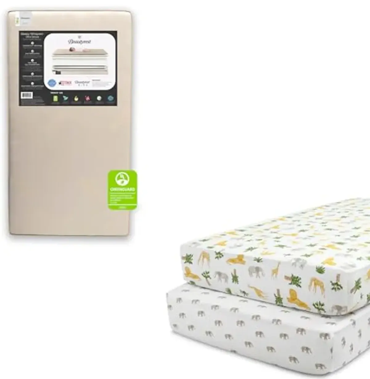 Delta Children Beautyrest Beginnings Sleepy Whispers Ultra Deluxe 2-in-1 Innerspring Crib and Toddler Mattress Fitted Crib Sheets for Girls and Boys (Pack of 2), Safari Friends (Bundle)