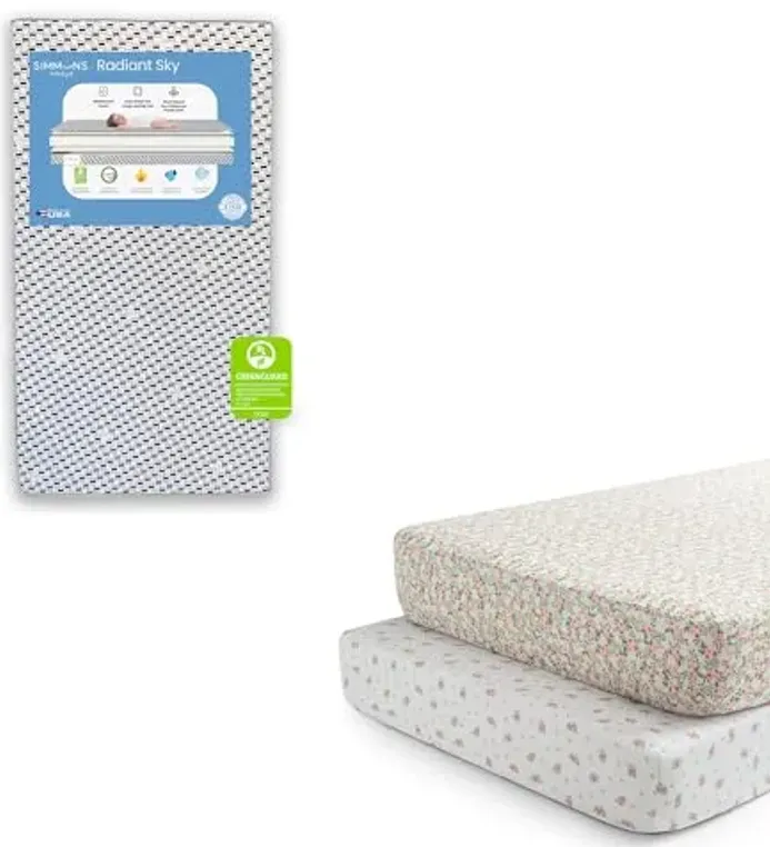 Delta Children Simmons Kids Radiant Sky Dual Sided Baby Crib Mattress and Toddler Mattress Fitted Crib Sheets for Girls and Boys (Pack of 2), Pink Floral (Bundle)