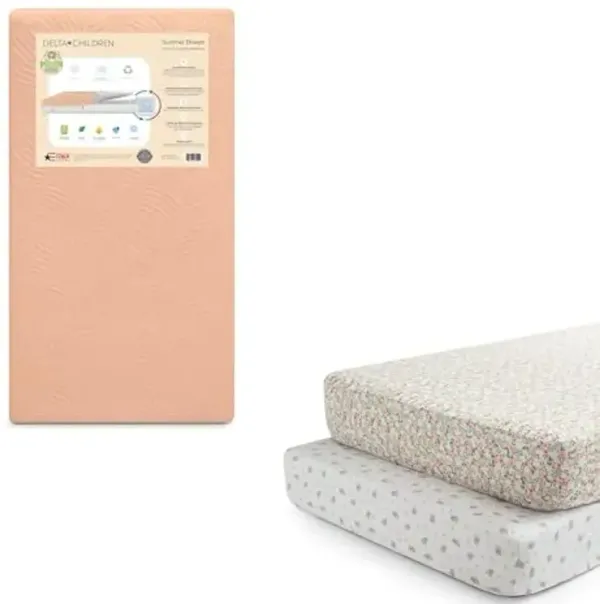 Delta Children Summer Breeze Mattress - Breathable Baby Crib & Toddler Mattress with Cloud Core + Delta Children Fitted Crib Sheets for Girls and Boys (Pack of 2), Pink Floral (Bundle)