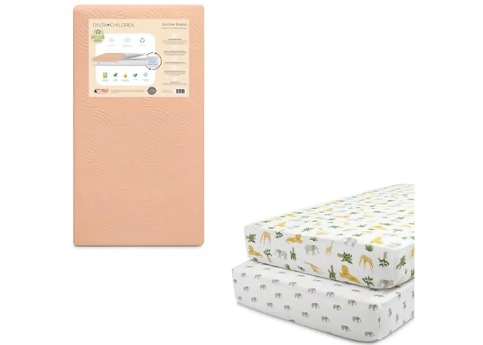 Delta Children Summer Breeze Mattress - Breathable Baby Crib & Toddler Mattress with Cloud Core + Delta Children Fitted Crib Sheets for Girls and Boys (Pack of 2), Safari Friends (Bundle)