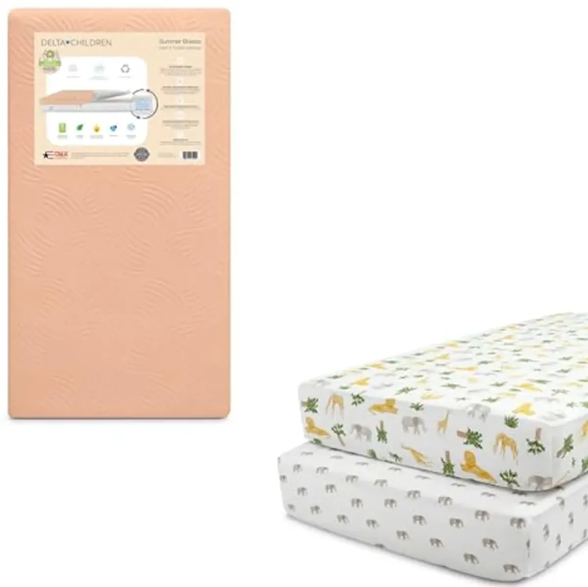 Delta Children Summer Breeze Mattress - Breathable Baby Crib & Toddler Mattress with Cloud Core + Delta Children Fitted Crib Sheets for Girls and Boys (Pack of 2), Safari Friends (Bundle)