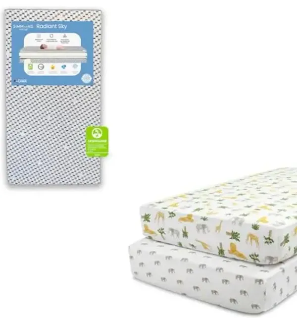 Delta Children Simmons Kids Radiant Sky Dual Sided Baby Crib Mattress and Toddler Mattress Fitted Crib Sheets for Girls and Boys (Pack of 2), Safari Friends (Bundle)