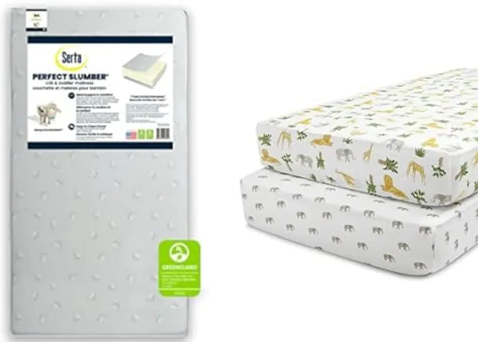 Delta Children Serta Perfect Slumber Dual Sided Recycled Fiber Core Crib and Toddler Mattress Fitted Crib Sheets for Girls and Boys (Pack of 2), Safari Friends (Bundle)