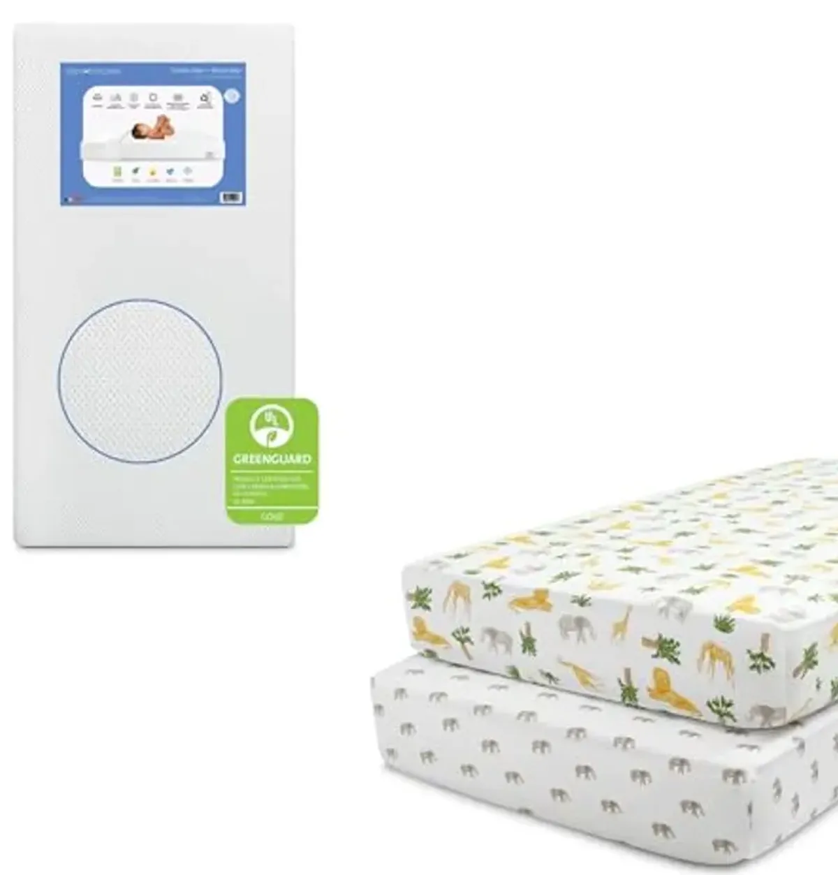 Delta Children Twinkle Stars Breathable Baby Bed Crib Mattress and Toddler Mattress, White + Delta Children Fitted Crib Sheets for Girls and Boys (Pack of 2), Safari Friends (Bundle)