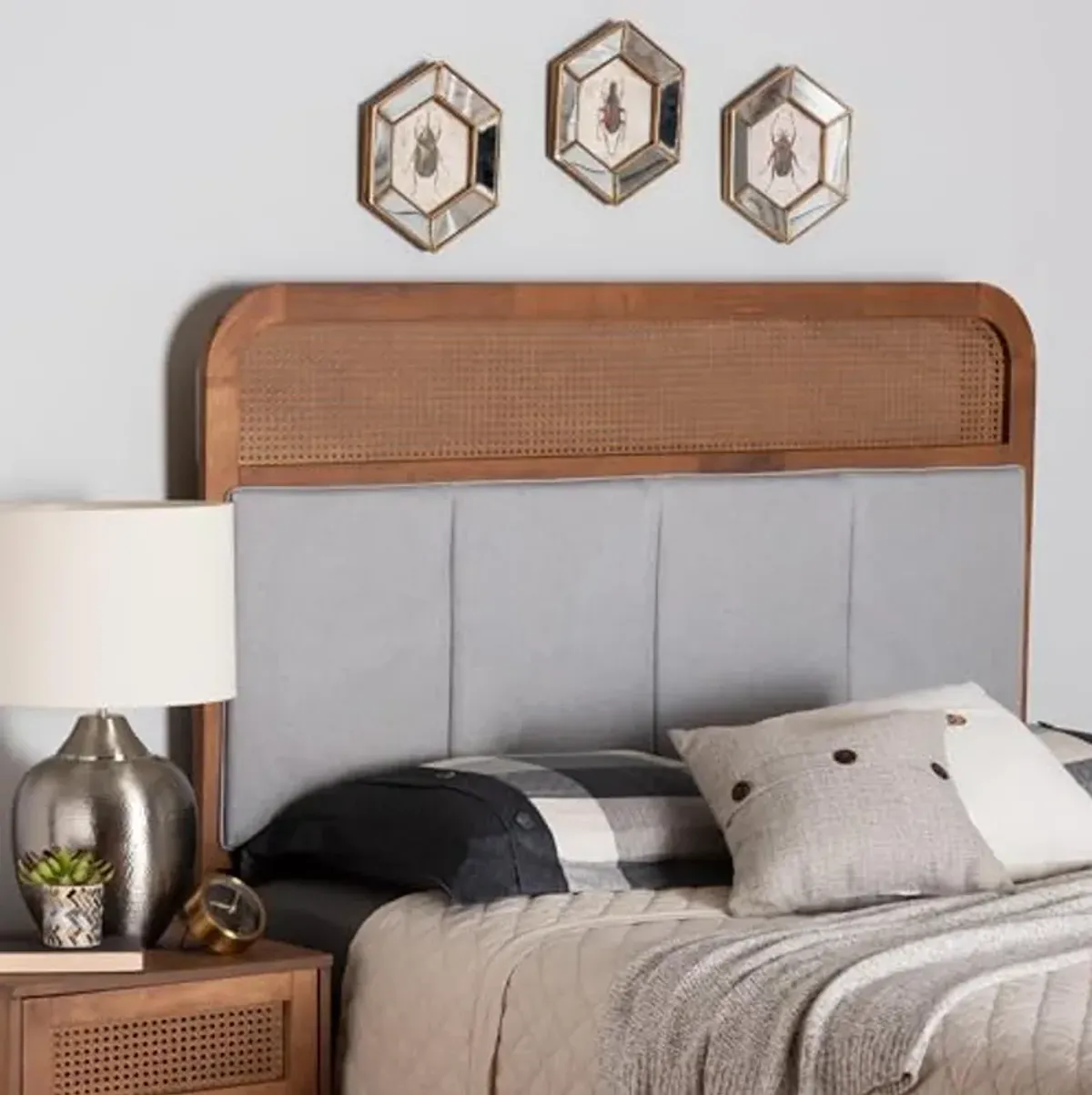 Baxton Studio Esti Headboard, Queen, Light Grey/Ash Walnut