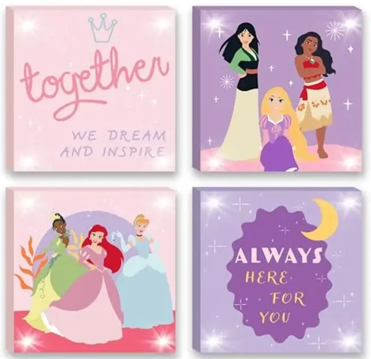Disney Princess 4 Pack Canvas LED Wall Art Set,Childrens Wall Hanging Décor,Each Piece 11"x11"