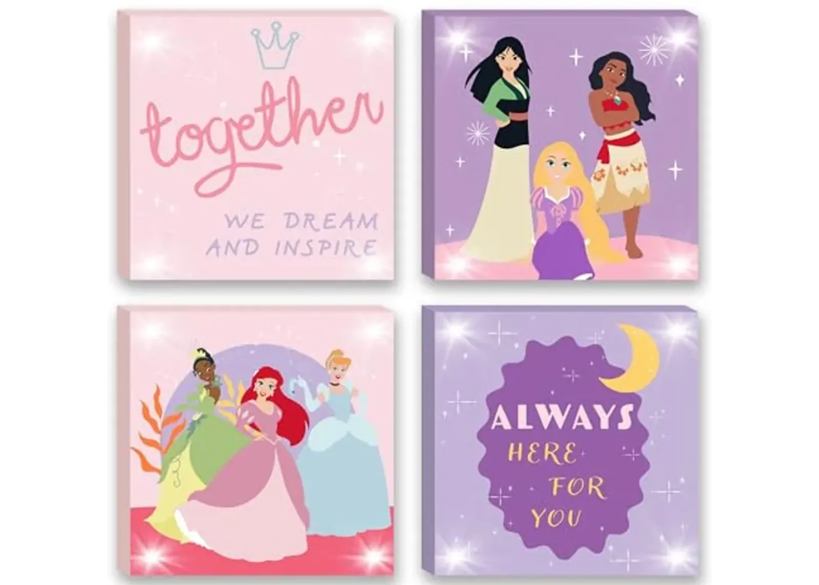 Idea Nuova Disney Princess 4 Pack Canvas LED Wall Art Set,Childrens Wall Hanging Décor,Each Piece 11"x11"