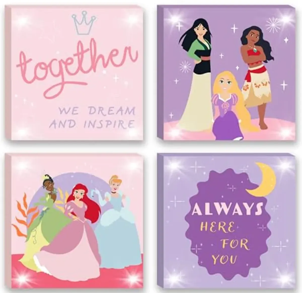 Idea Nuova Disney Princess 4 Pack Canvas LED Wall Art Set,Childrens Wall Hanging Décor,Each Piece 11"x11"