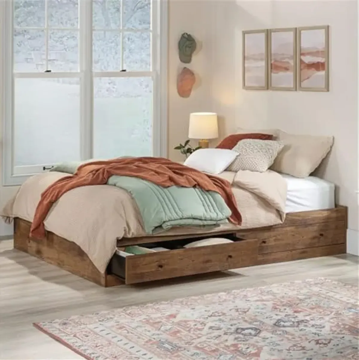 Sauder Boulevard Cafe Engineered Wood Queen Storage Bed in Vintage Oak Finish