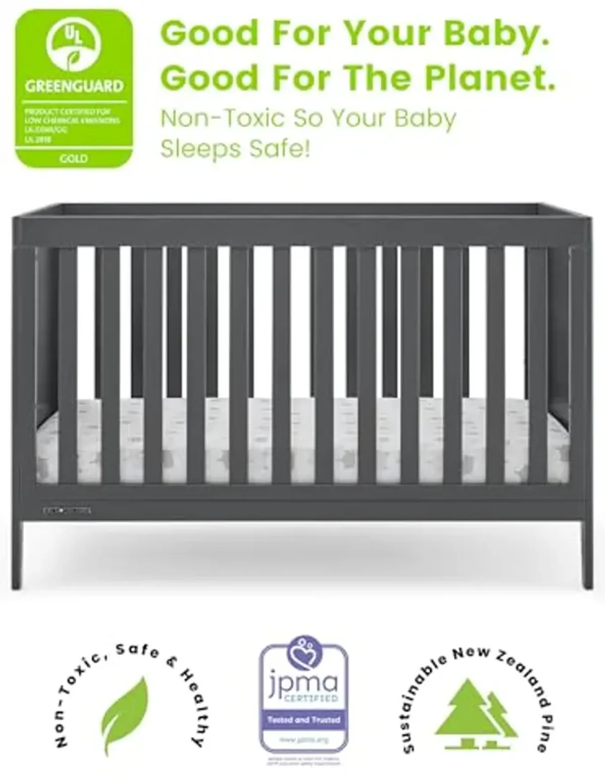 Delta Children Hayes 4-in-1 Convertible Crib - Greenguard Gold Certified, Charcoal Grey