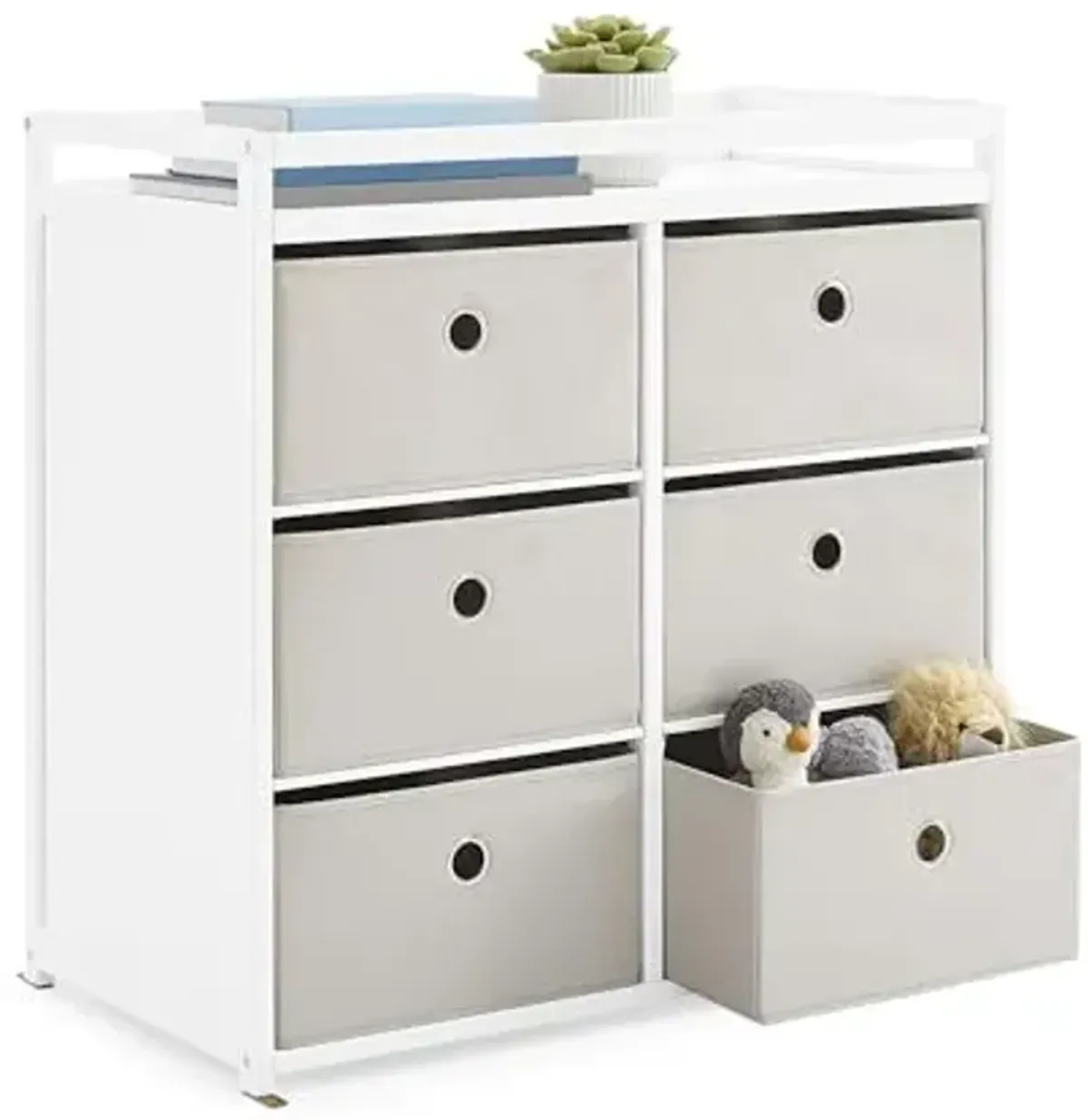 Delta Children Hayes Changing Table and Dresser for Bedroom with 6 Fabric Drawers, Bianca White/Flax Bins