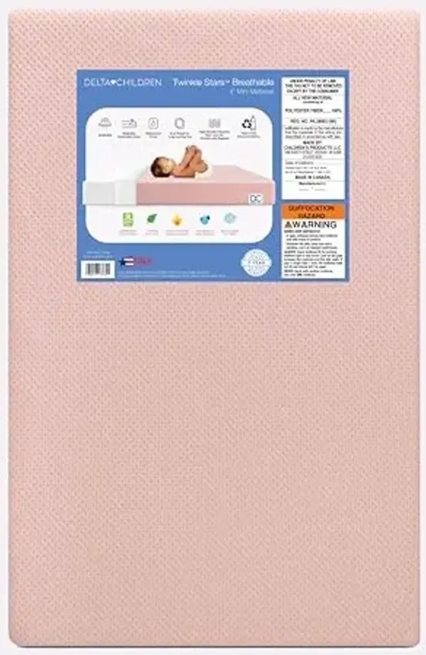 Delta Children Twinkle Stars Breathable 4-inch Mini Crib Mattress with Removable/Machine Washable Cover - GREENGUARD Gold – Waterproof - Sustainably Sourced Core Fiber Core, Pink
