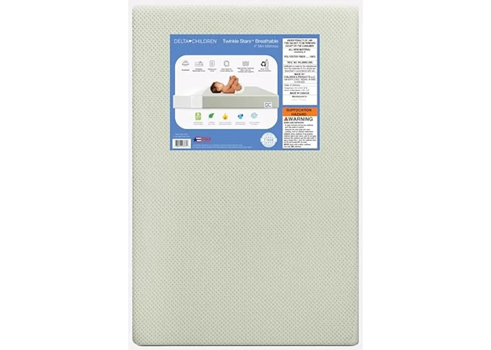 Delta Children Twinkle Stars Breathable 4-inch Mini Crib Mattress with Removable/Machine Washable Cover - GREENGUARD Gold – Waterproof - Sustainably Sourced Core Fiber Core, Green