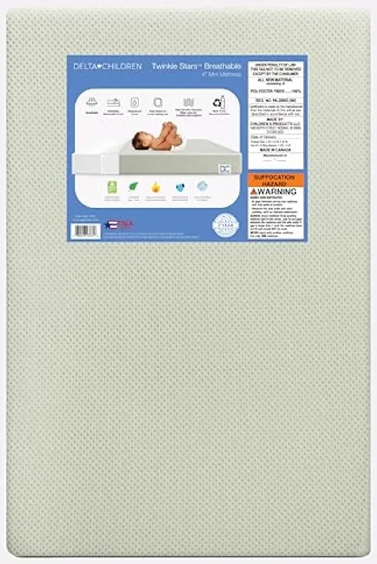 Delta Children Twinkle Stars Breathable 4-inch Mini Crib Mattress with Removable/Machine Washable Cover - GREENGUARD Gold – Waterproof - Sustainably Sourced Core Fiber Core, Green