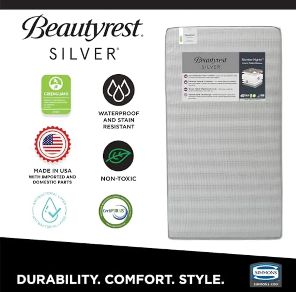 Beautyrest Silver Slumber Nights Dual Sided 2-Stage Crib Mattress and Toddler Mattress - GREENGUARD Gold – Waterproof - Plant Based Soy Foam Core, Grey