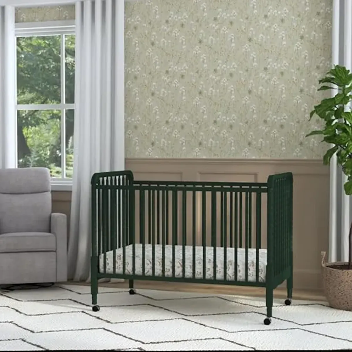 DaVinci Jenny Lind 3-in-1 Convertible Crib in Forest Green, Removable Wheels, Greenguard Gold