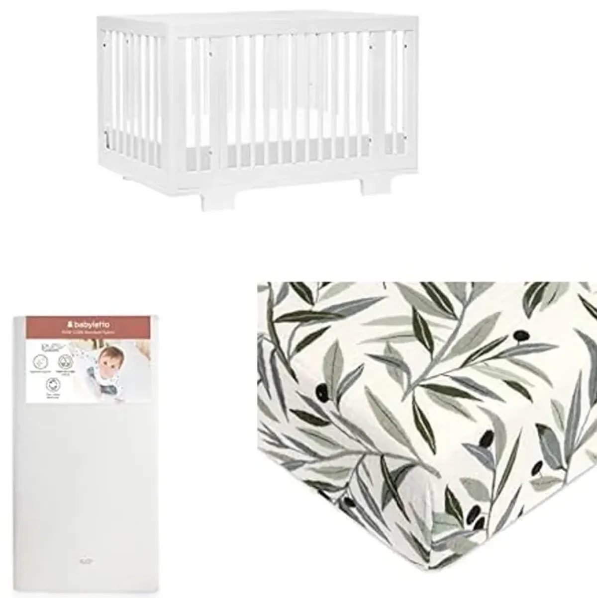 babyletto Yuzu Convertible All-Stages Bassinet, Midi, Full-size Crib Greenguard Gold Certified, Pure Core Crib Mattress and 100% Organic Cotton Crib Sheet - Olive Branches