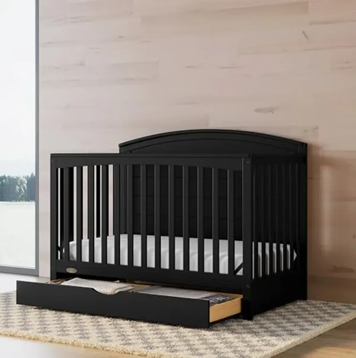 Graco Bellwood 5-in-1 Convertible Crib with Drawer (Black) - GREENGUARD Gold Certified, Full-Size Storage Drawer, Converts to Toddler Bed and Full-Size Bed