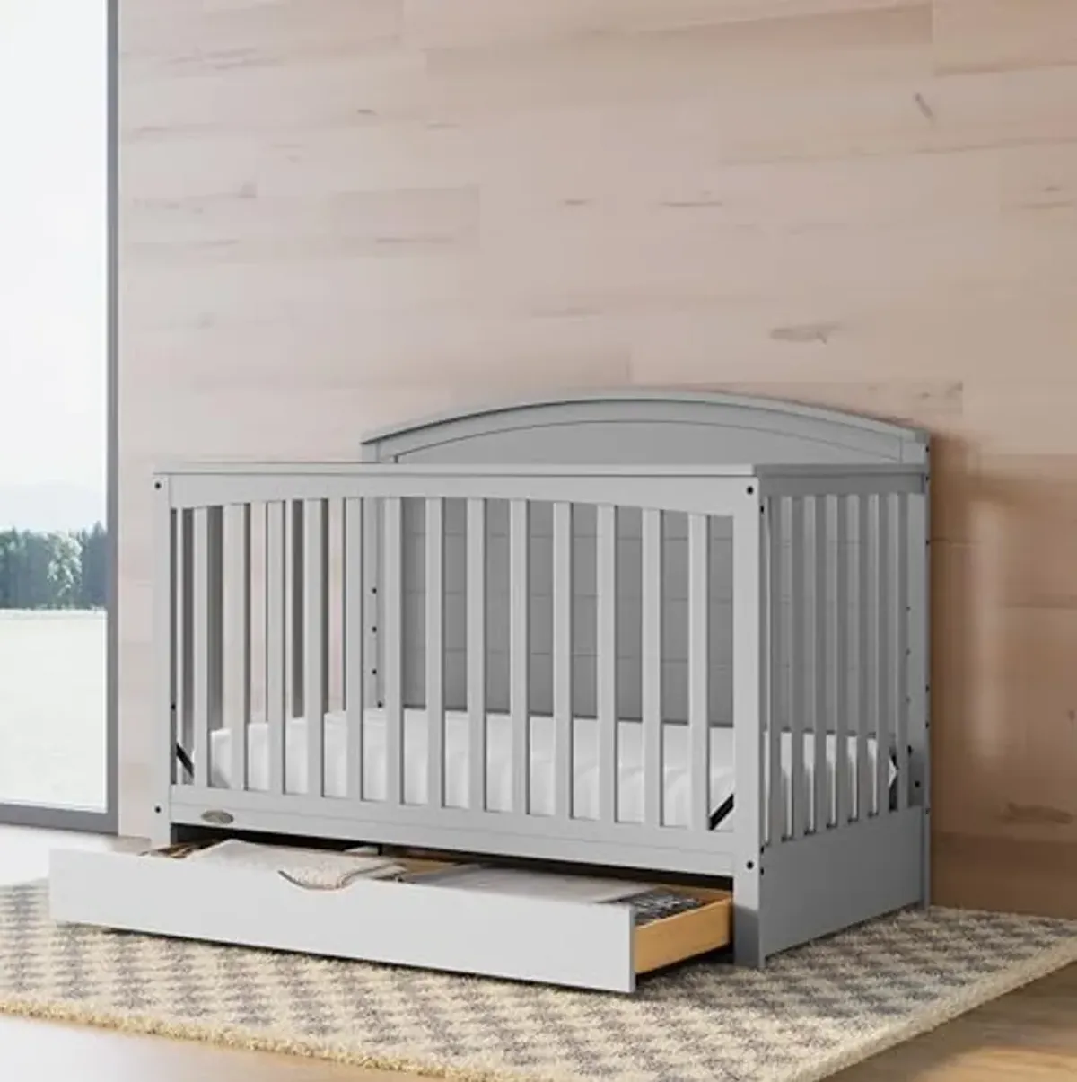 Graco Bellwood 5-in-1 Convertible Crib with Drawer (Pebble Gray) - GREENGUARD Gold Certified, Full-Size Storage Drawer, Converts to Toddler Bed and Full-Size Bed