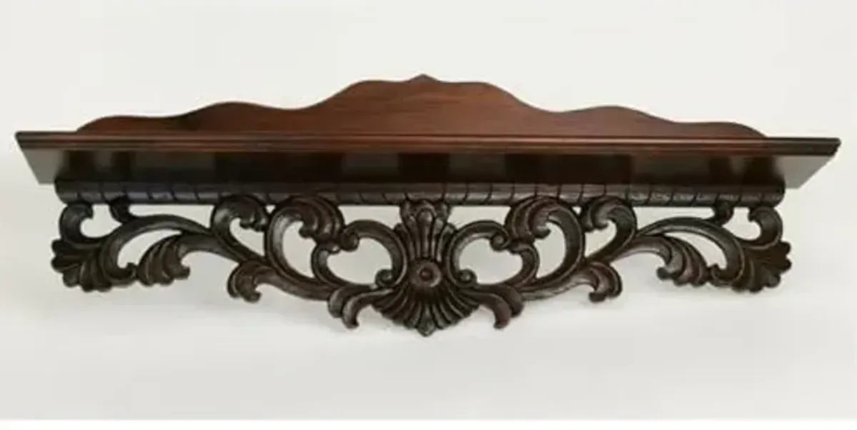 Moonbay Carved Wall Shelf with back 29Wx5Dx8.5"H Solid wood in Brown