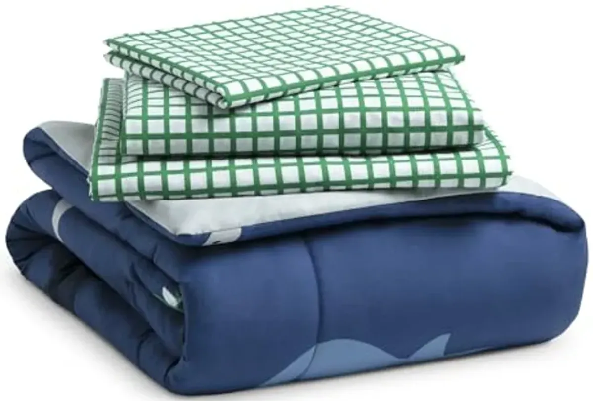 Delta Children 4 Piece Toddler Bedding Set for Boys - Reversible 2-in-1 Comforter - Includes Fitted Comforter to Keep Little Ones Snug, Bottom Sheet, Top Sheet, Pillow Case - Blue/Green Dino