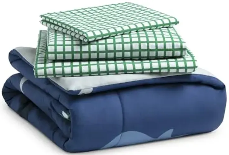 Delta Children 4 Piece Toddler Bedding Set for Boys - Reversible 2-in-1 Comforter - Includes Fitted Comforter to Keep Little Ones Snug, Bottom Sheet, Top Sheet, Pillow Case - Blue/Green Dino