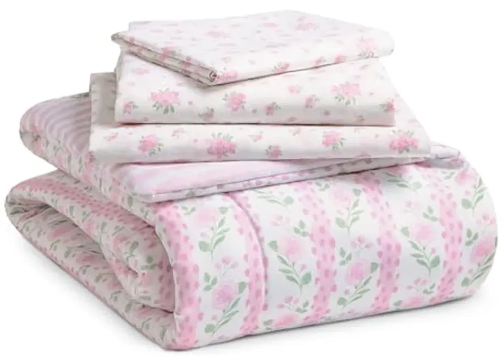 Delta Children 4 Piece Toddler Bedding Set for Girls - Reversible 2-in-1 Comforter - Includes Fitted Comforter to Keep Little Ones Snug, Bottom Sheet, Top Sheet, Pillow Case - Pink Floral