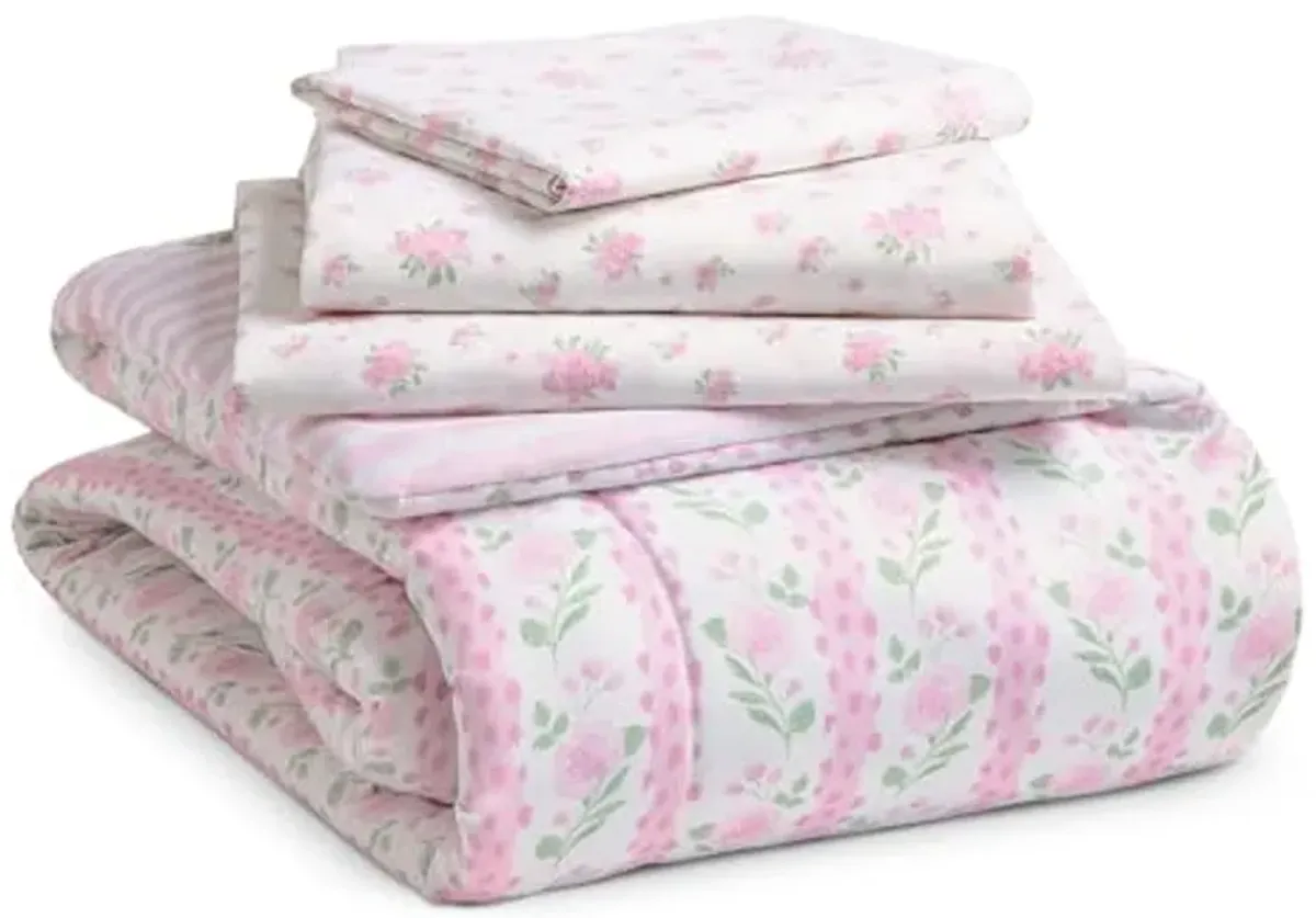 Delta Children 4 Piece Toddler Bedding Set for Girls - Reversible 2-in-1 Comforter - Includes Fitted Comforter to Keep Little Ones Snug, Bottom Sheet, Top Sheet, Pillow Case - Pink Floral