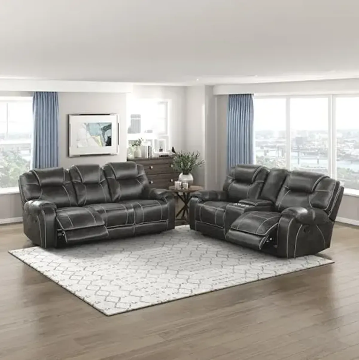 Lexicon 2 Piece Living Room Furniture Sets, Polished Microfiber Manual Reclining Sofa Set with Pillow Top Arm, Padded Headrest, Wall Hugger Manual Double Reclining Sofa & Loveseat, 2 Pieces, Chocolate