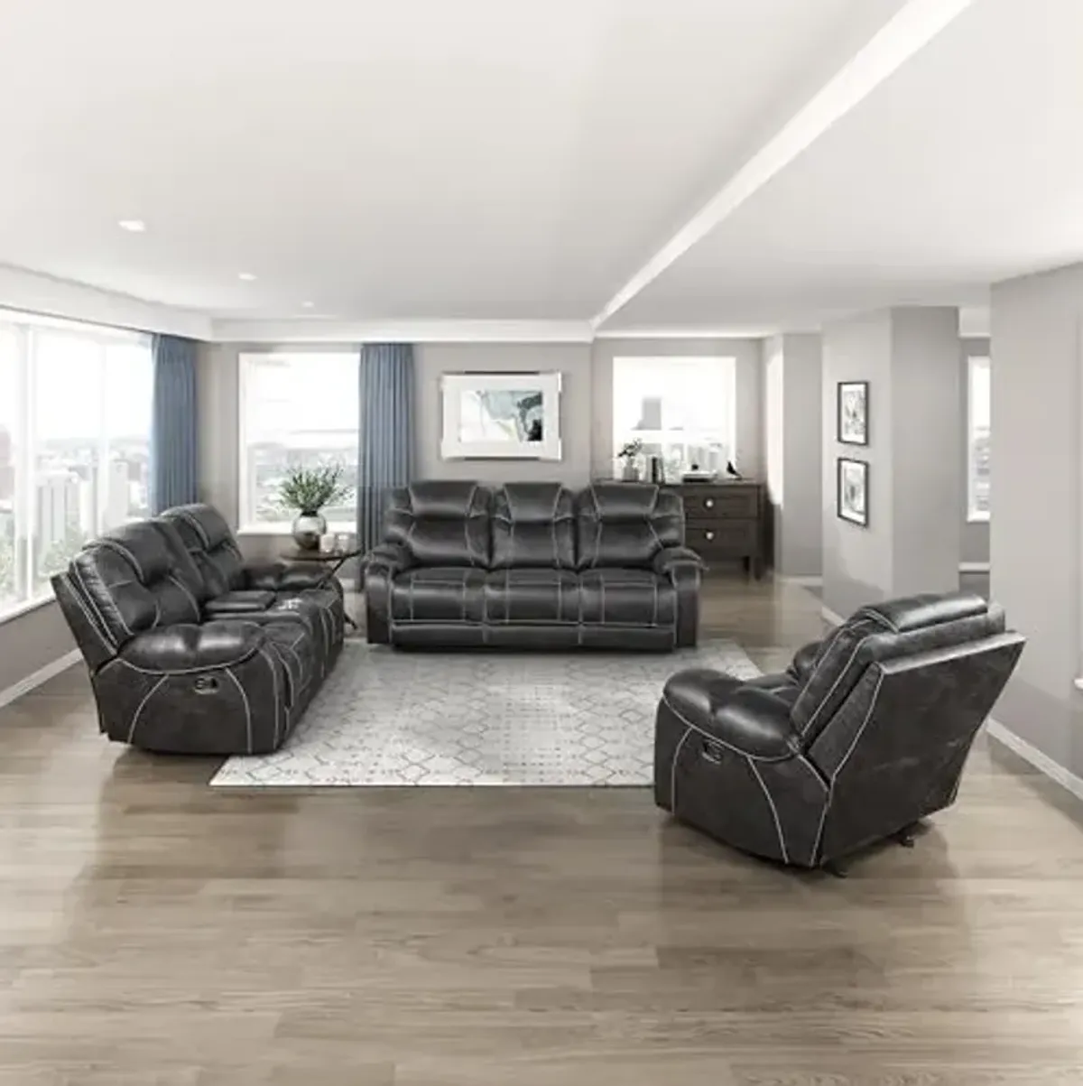 Lexicon 3 Piece Living Room Furniture Sets, Polished Microfiber Manual Reclining Sofa Set with Pillow Top Arm, Padded Headrest, Manual Double Reclining Sofa, Loveseat, Recliner, 3 Pieces, Chocolate