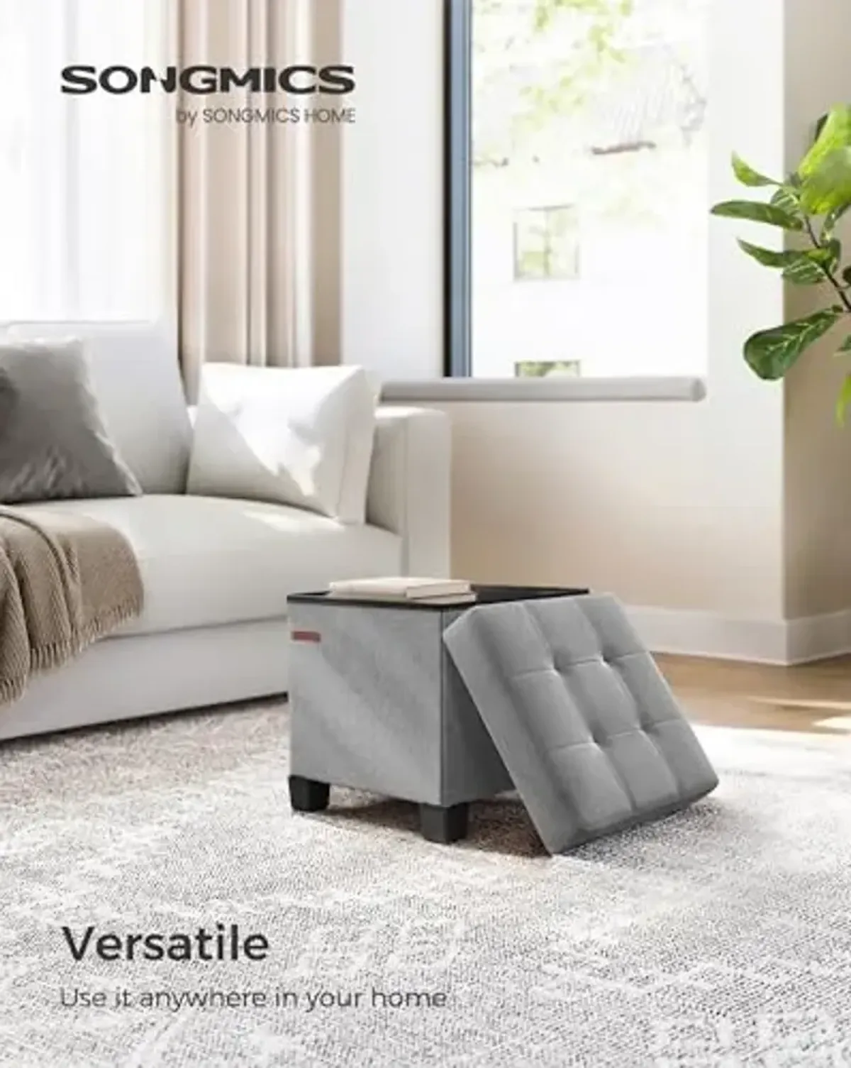SONGMICS Storage Ottoman, Small Ottoman Foot Rest with Legs, 15 x 15 x 15.7 Inches Foot Stool, Load up to 660 lb, for Living Room, Bedroom, Dorm, Dove Gray ULSF014G02