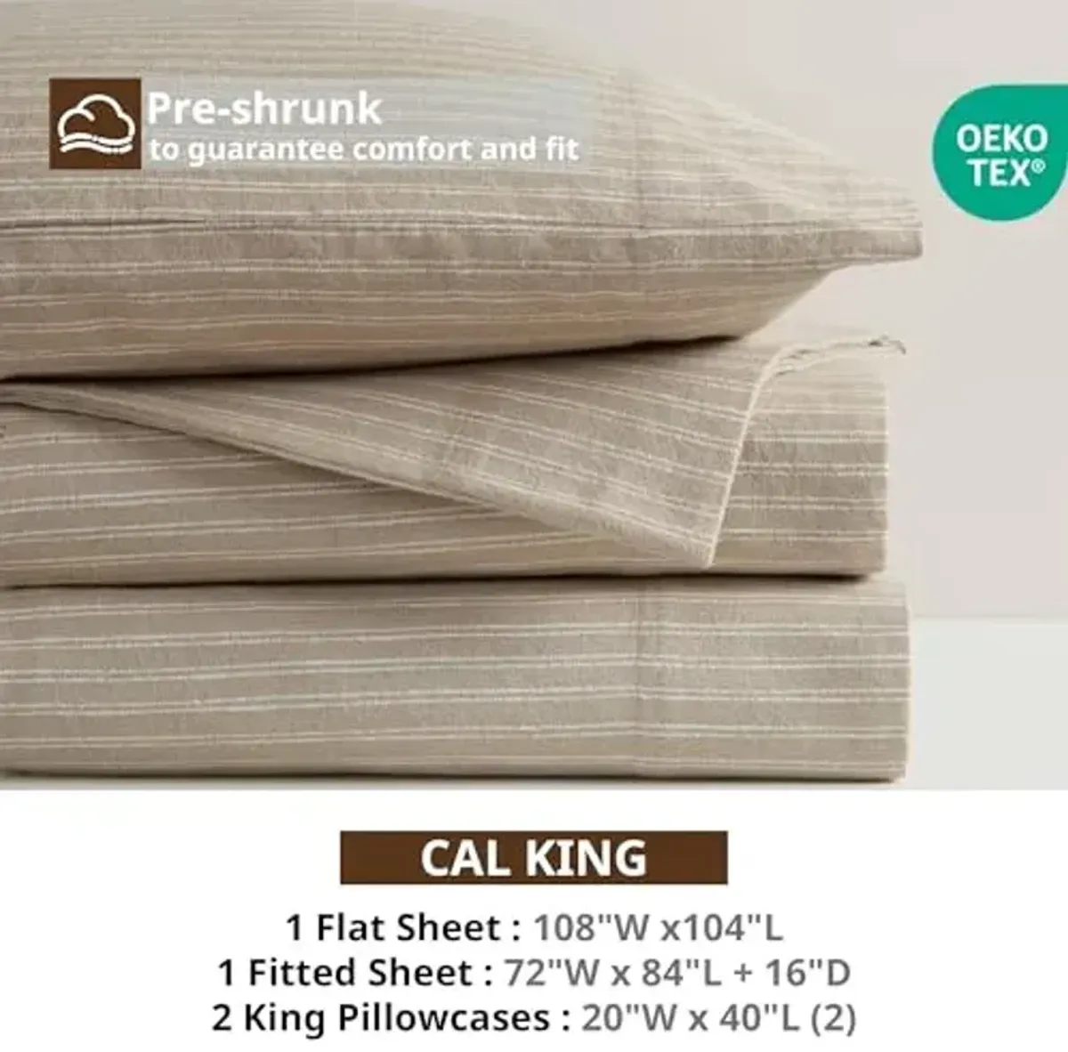 Beautyrest Cotton Sheet Set Cozy 100% Cotton Flannel Sheets Warm & Fuzzy Bedding Set, Oversized Sheets, Deep Pocket Fits Up to 16" Mattress Cal King Bed Sheets Cal King Beige/White Stripes 4 Piece