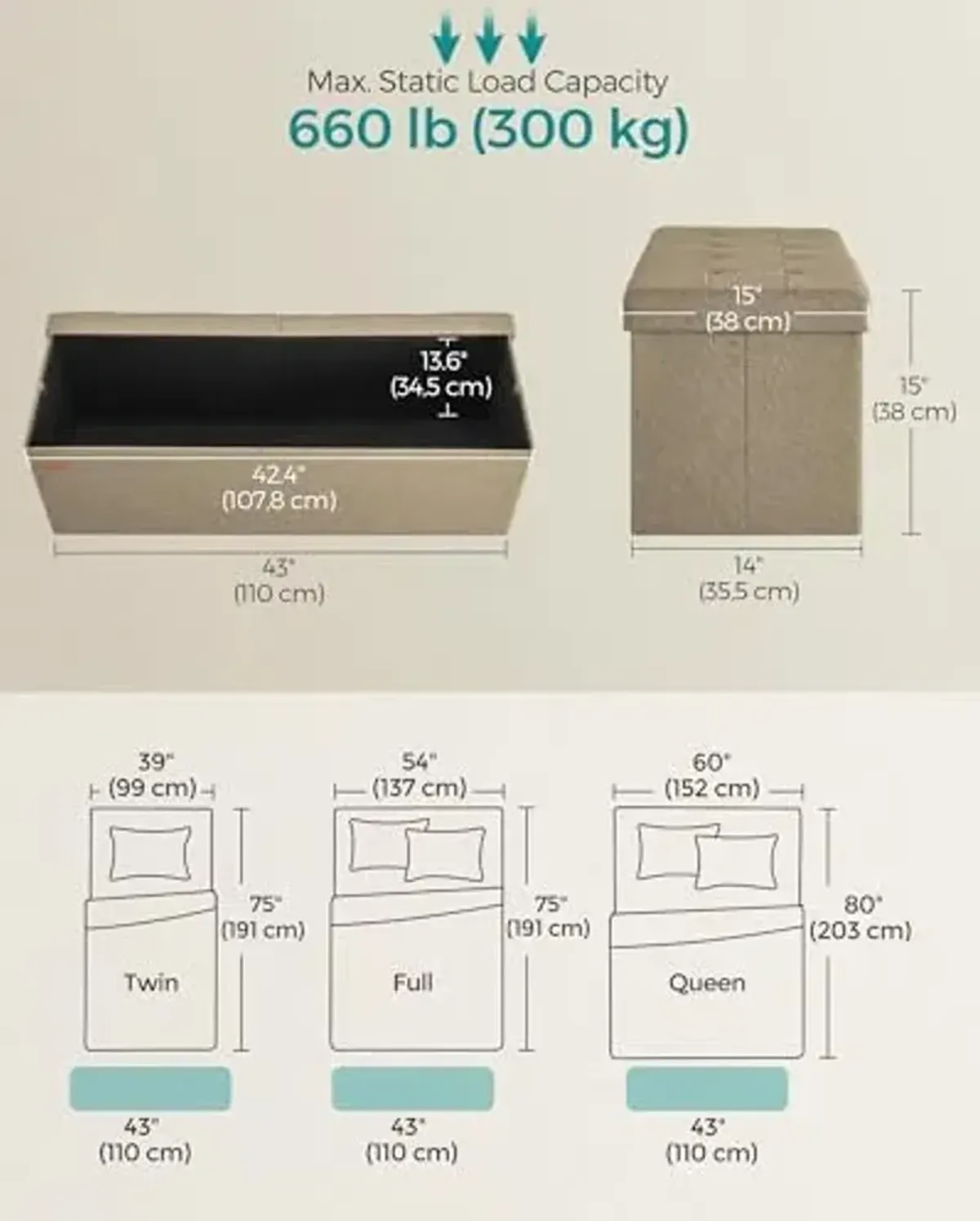 SONGMICS Mazie Collection - 43 Inches Storage Ottoman, Foldable Storage Bench with Flipping Lid, 660 lb Load Capacity, for Entryway, Living Room, Bedroom, Camel Brown ULSF076K01