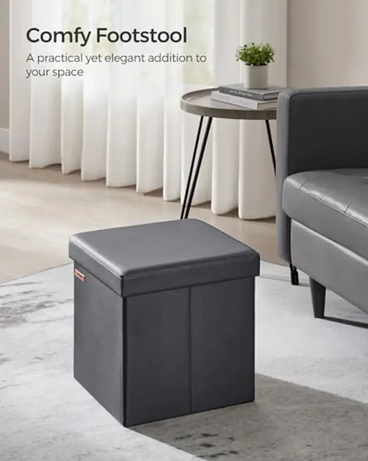 SONGMICS 15 Inches Ottoman with Storage, Footstool, Storage Ottoman, Synthetic Leather, 660 lb Load Capacity, for Dorm Room, Living Room, Bedroom, Slate Gray ULSF010G01