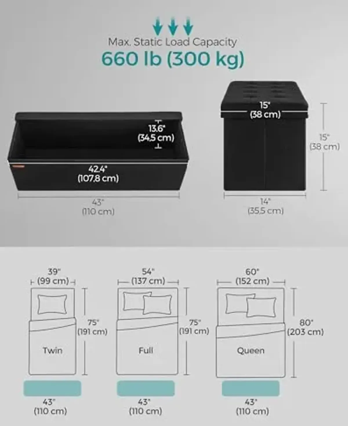 SONGMICS Mazie Collection - 43 Inches Storage Ottoman, Foldable Storage Bench with Flipping Lid, 660 lb Load Capacity, for Entryway, Living Room, Bedroom, Ink Black ULSF076B01