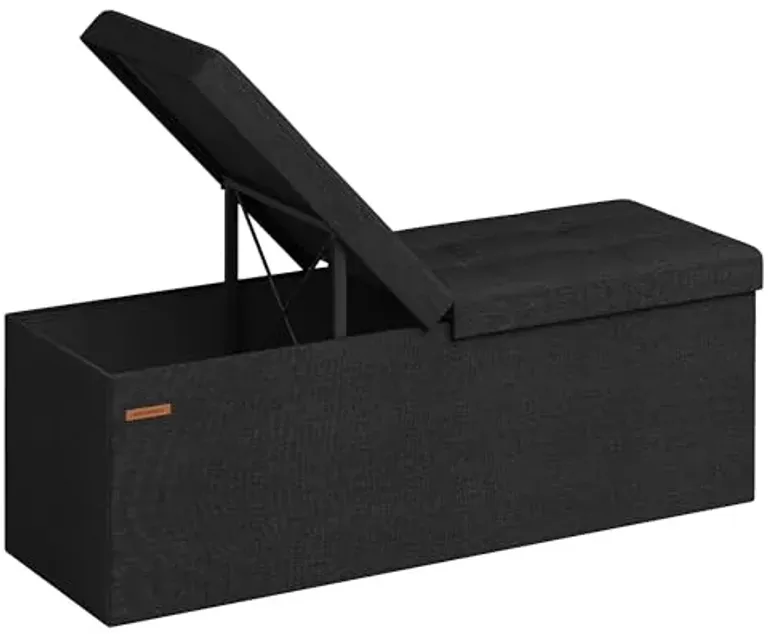 SONGMICS Mazie Collection - 43 Inches Storage Ottoman, Foldable Storage Bench with Flipping Lid, 660 lb Load Capacity, for Entryway, Living Room, Bedroom, Ink Black ULSF076B01