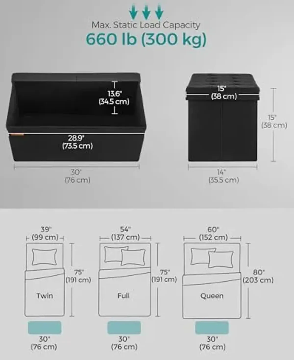 SONGMICS Mazie Collection - 30 Inches Storage Ottoman, Foldable Storage Bench with Flipping Lid, 660 lb Load Capacity, for Entryway, Living Room, Bedroom, Ink Black ULSF046B01