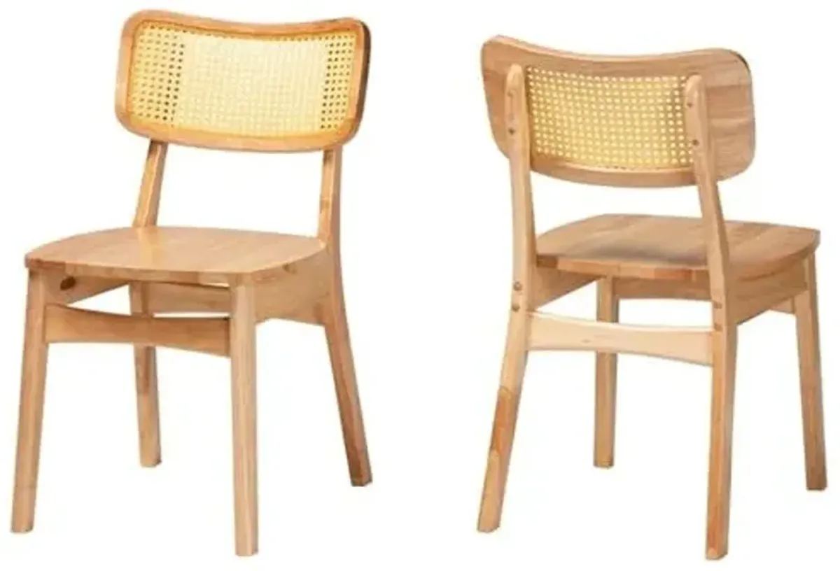 Baxton Studio Tadeo 17.7" Wood and Rattan Dining Chair in Oak Brown (Set of 2)