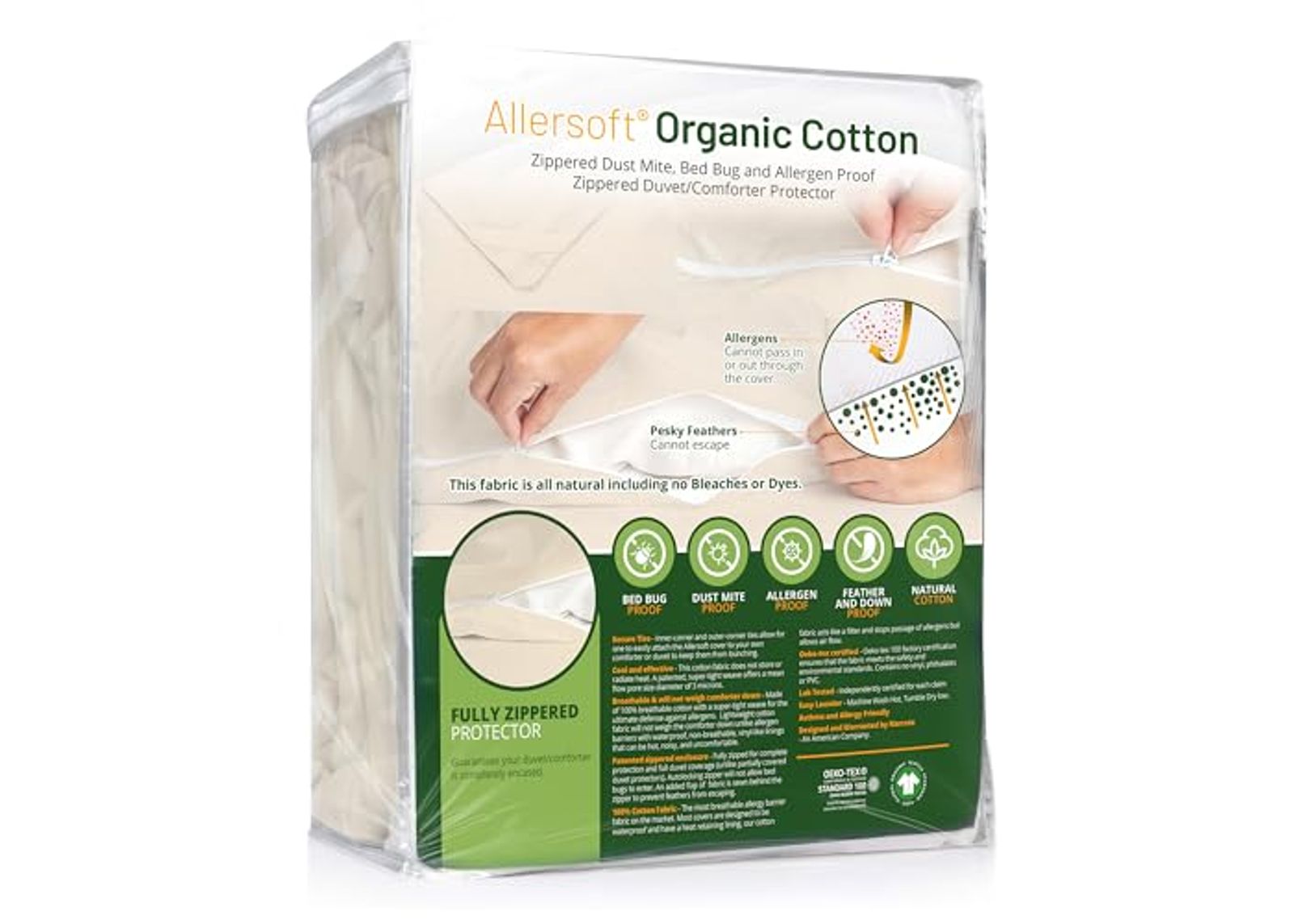 Allersoft|Unbleached Organic Cotton| Dust, Pet Dander, Feather and Pollen Allergy Control Comforter Protector & Duvet Cover