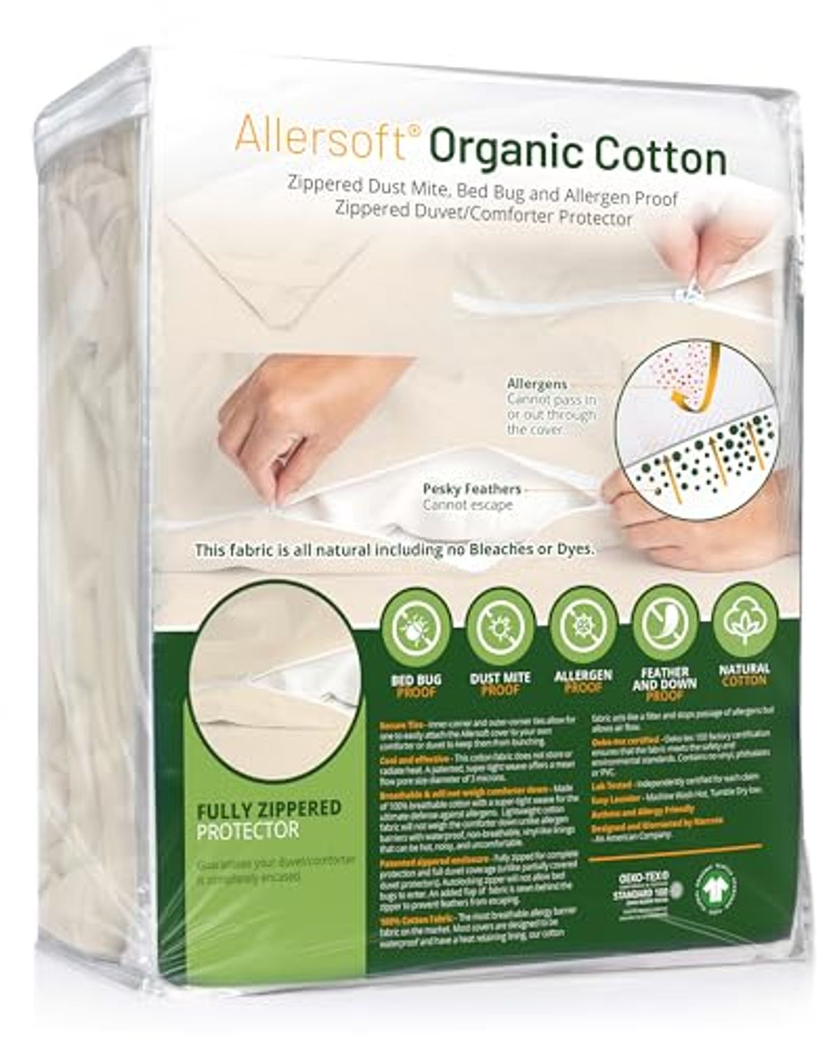 Allersoft|Unbleached Organic Cotton| Dust, Pet Dander, Feather and Pollen Allergy Control Comforter Protector & Duvet Cover