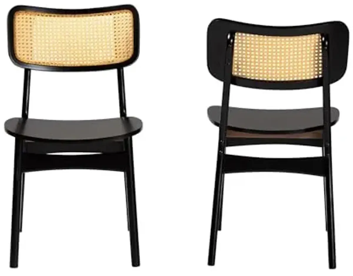 Baxton Studio Tafari Mid-Century Modern Dark Brown Finished Wood and Rattan 2-Piece Dining Chair Set
