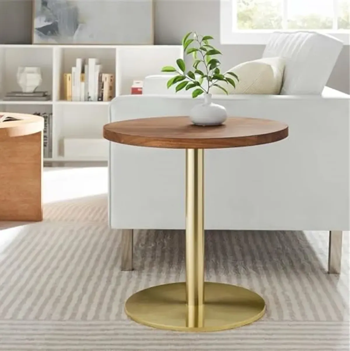 Modway EEI-6610-BRA-LOC Viva Round Acacia Wood Side Table, Brass Light Oak