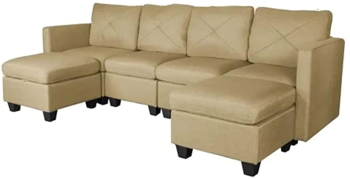 Divano Roma Furniture Modern Linen Fabric U-Shaped 6 Seat Sectional Sleeper Couch with Reversible Chaise Modular Sofa with Storage, Large, Beige